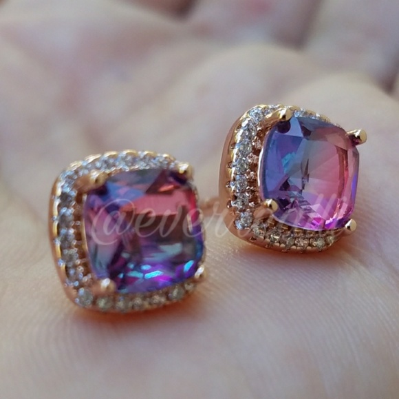 Rose Gold Purple Rainbow Diamond Halo Earrings - Picture 2 of 5